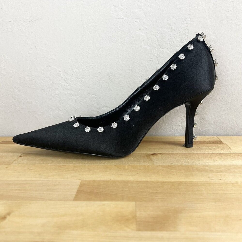 Alexander Wang Black Satin Pointed Toe Crystal-Trim Pumps